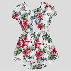 Lush Floral Print Cotton Short‎ Sleeve Open Back Romper Size L